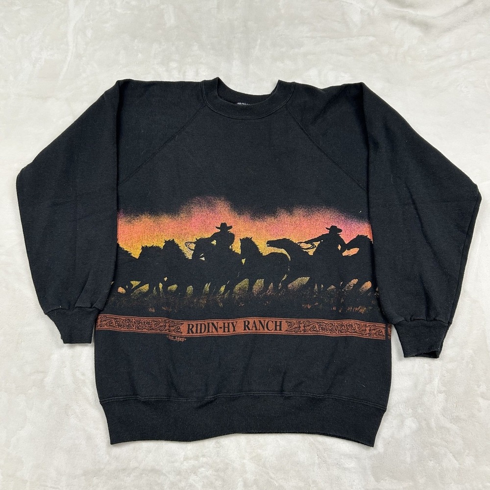 Vintage Ridin-Hy Ranch Sweatshirt Mens L Black Cowboy Horse Sunset Graphic 90s